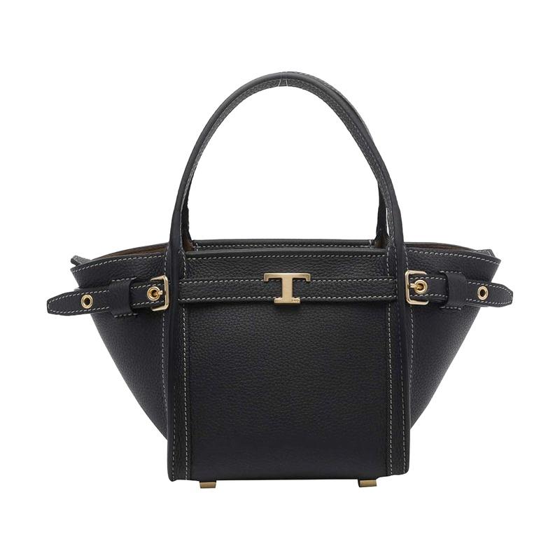 Tods T Logo Leather Tote Bag Black