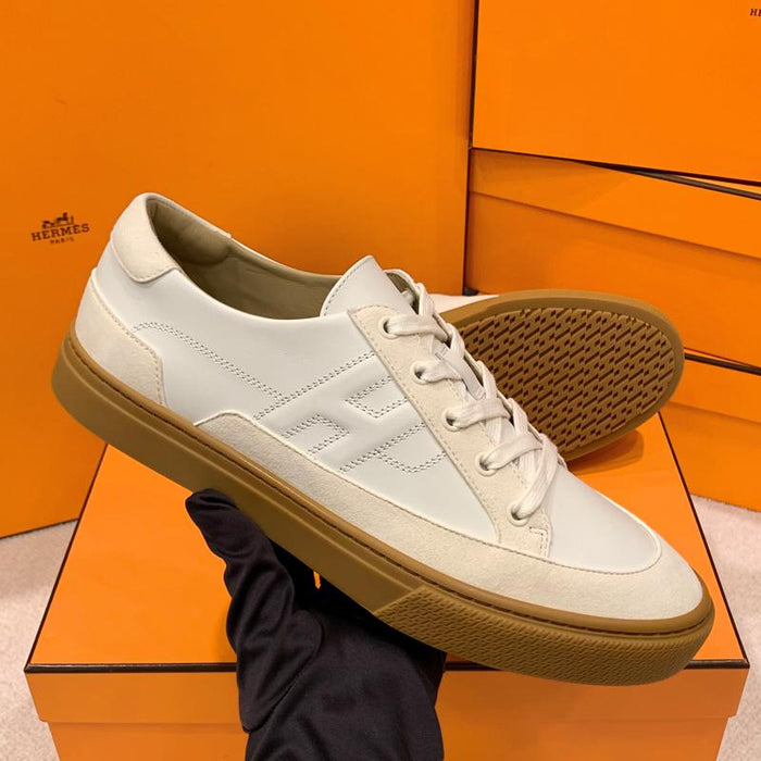 HERMES Men’s Deep Sneakers White Beige Canvas Calfskin Low Top