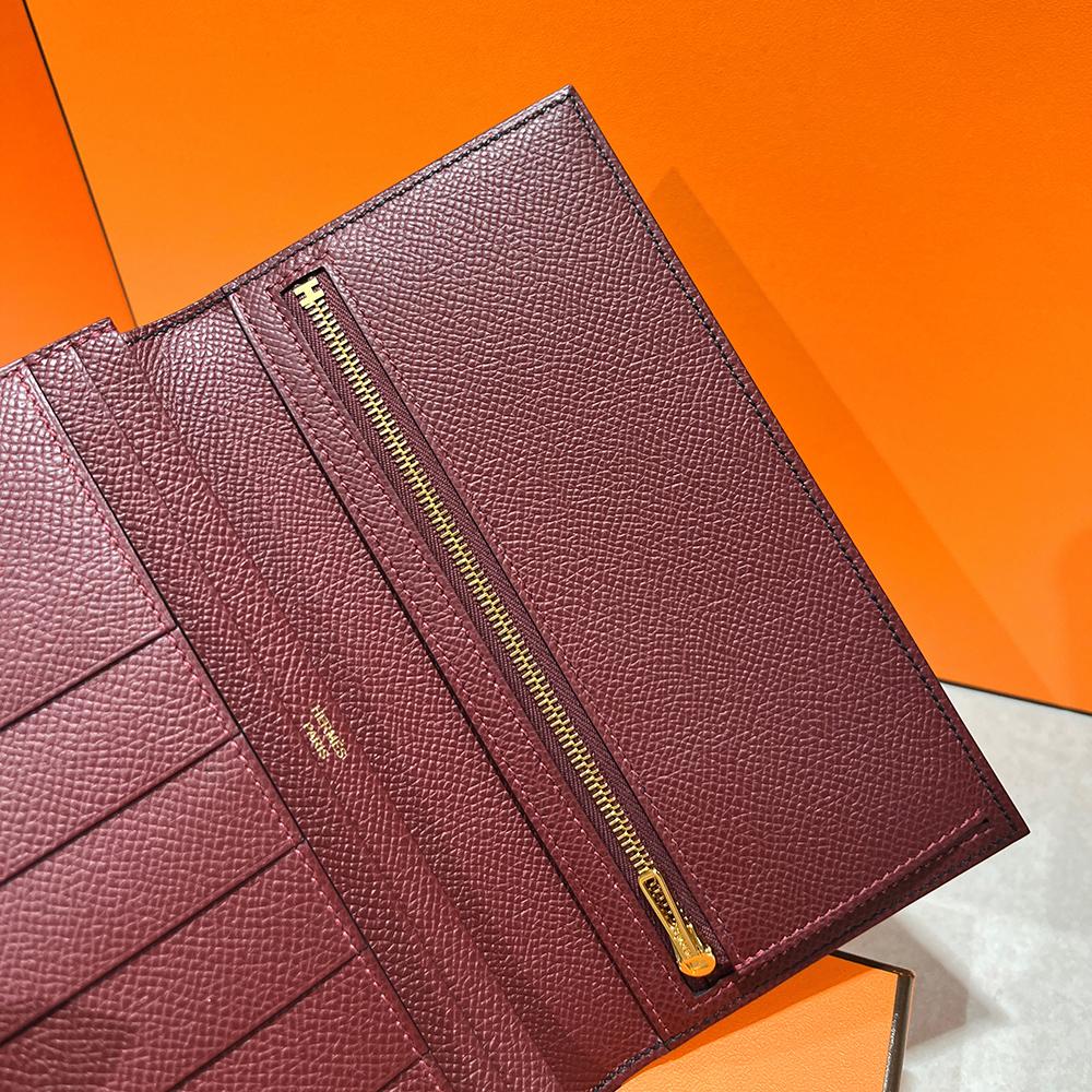 HERMES Epsom Leather Bearn Long Wallet Black Burgundy Two-Tone Gold HW