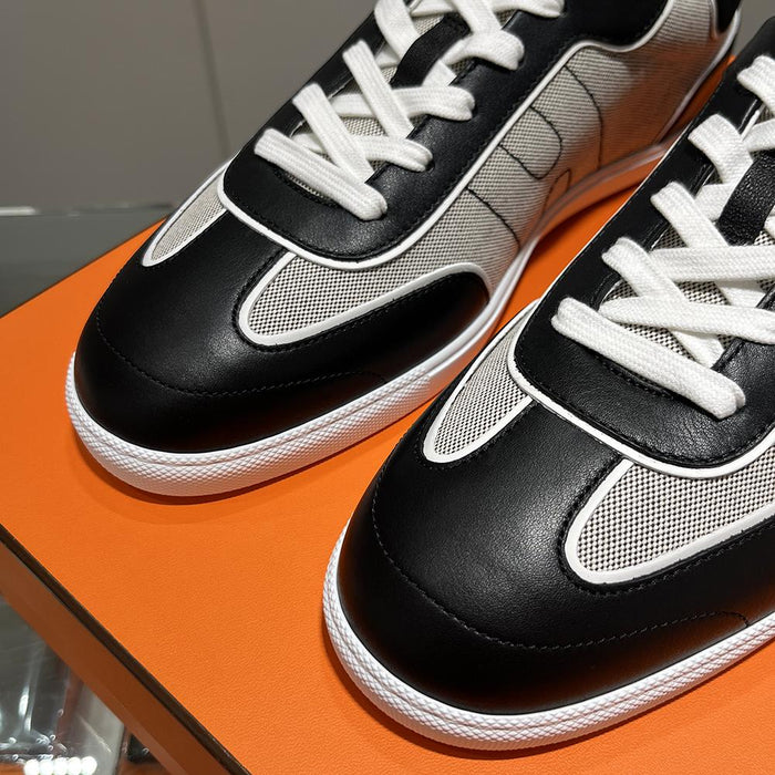 HERMES Beige Black Canvas Leather Match Low Top Sneakers