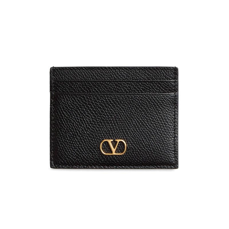 VALENTINO V Logo Signature Leather Card Holder Wallet Black