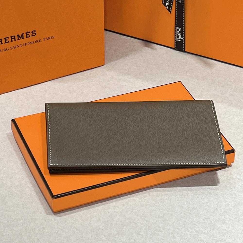 HERMES Epsom Leather Long Wallet Etoupe Citizen Twill Graphic Lining