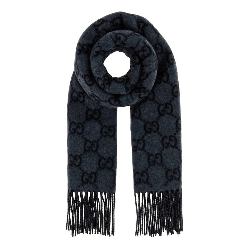 GUCCI GG Cashmere Wool Scarf Gray Unisex
