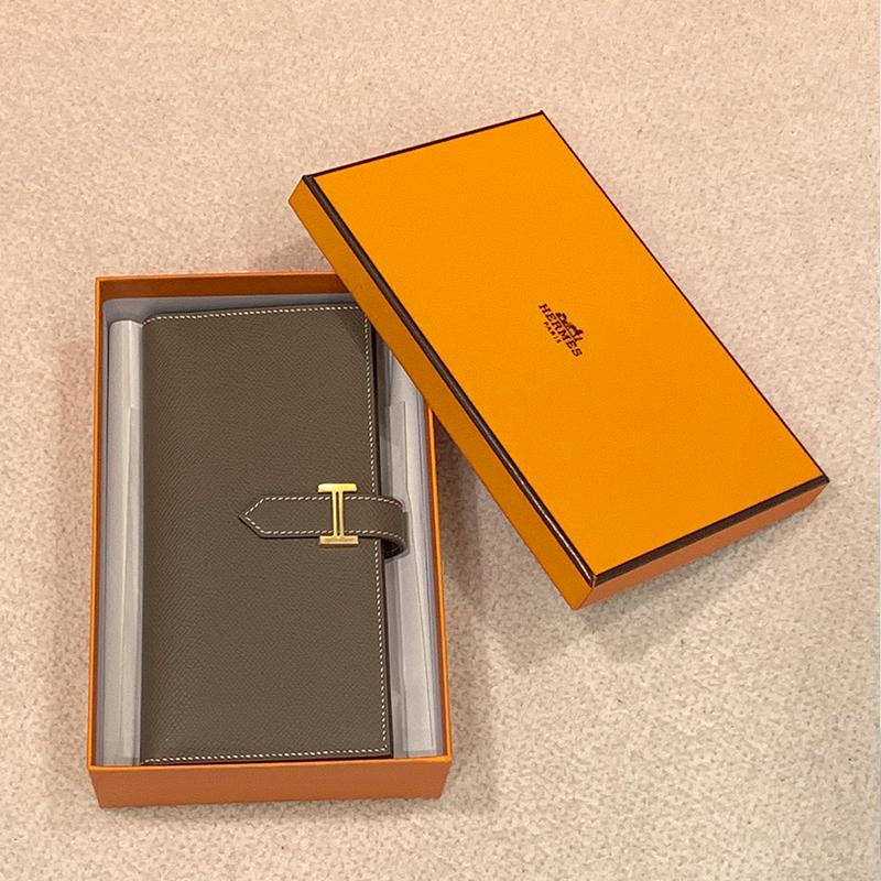 HERMES Etoupe Epsom Calfskin Béarn Long Wallet Gold Hardware