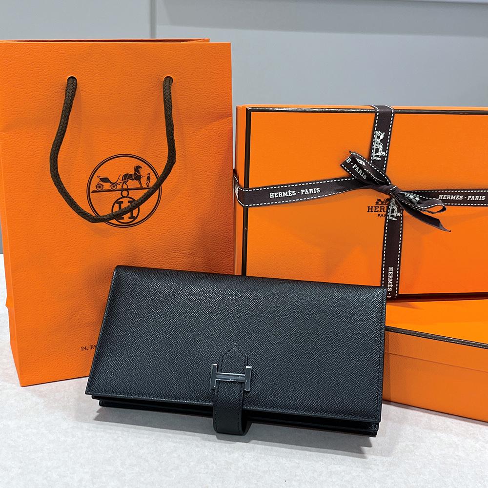 HERMES So Black Epsom Leather Bearn Long Wallet Unisex