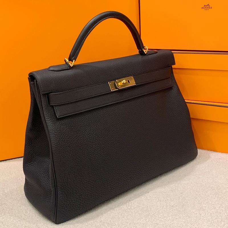 HERMES Kelly Black Leather Tote Bag with Gold Hardware