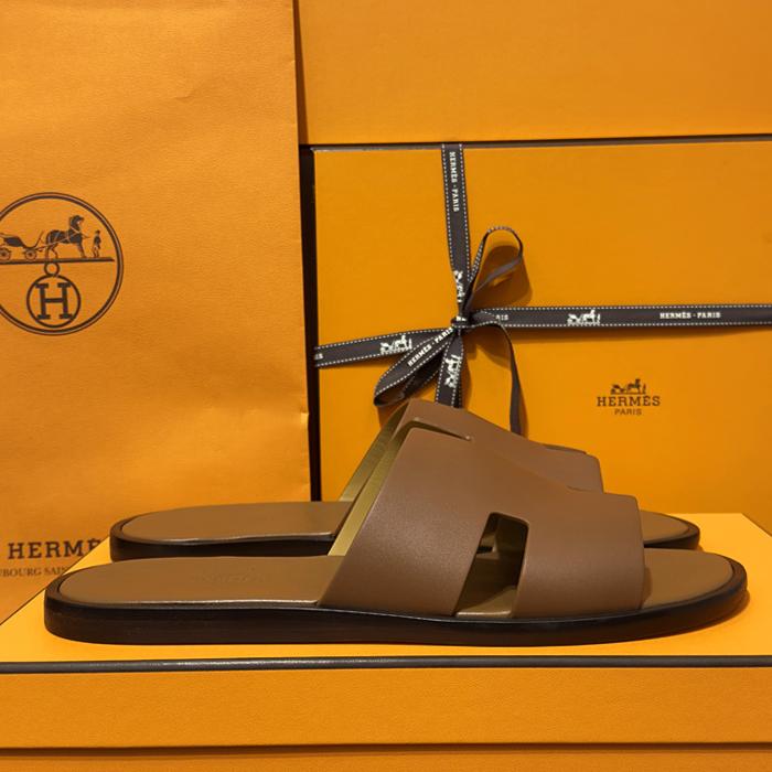 HERMES Izmir Calfskin Classic Gold Brown Sandals