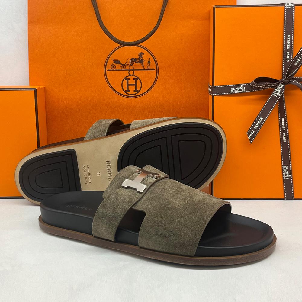 HERMES Suede Calfskin Kelly Buckle Sandals Etoupe Palladium Hardware