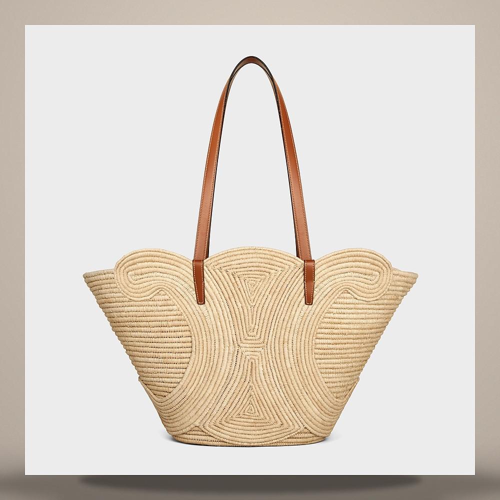 CELINE Small Classic Panier Braided Triomphe Raffia Calfskin Tote Tan