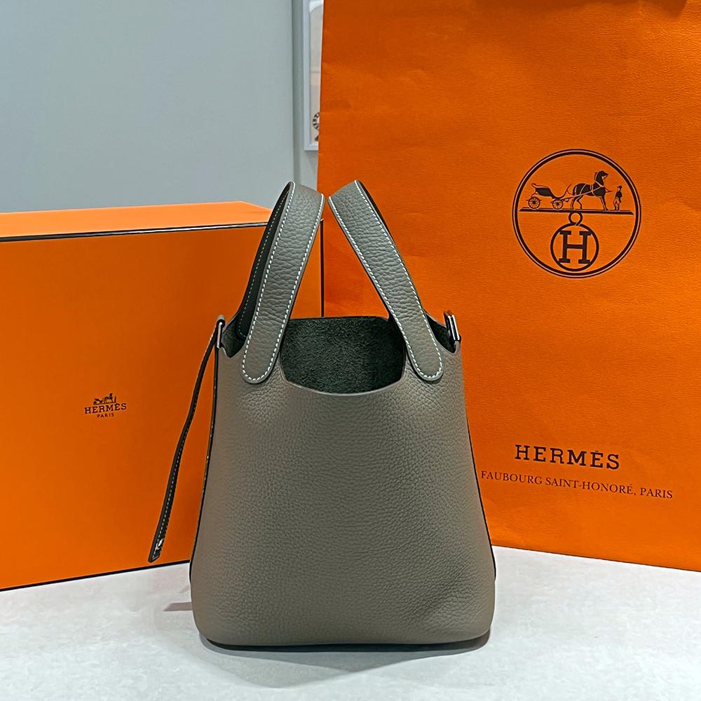 HERMES Clemence Picotin Lock 18 Tote Bag Etoupe Palladium Hardware