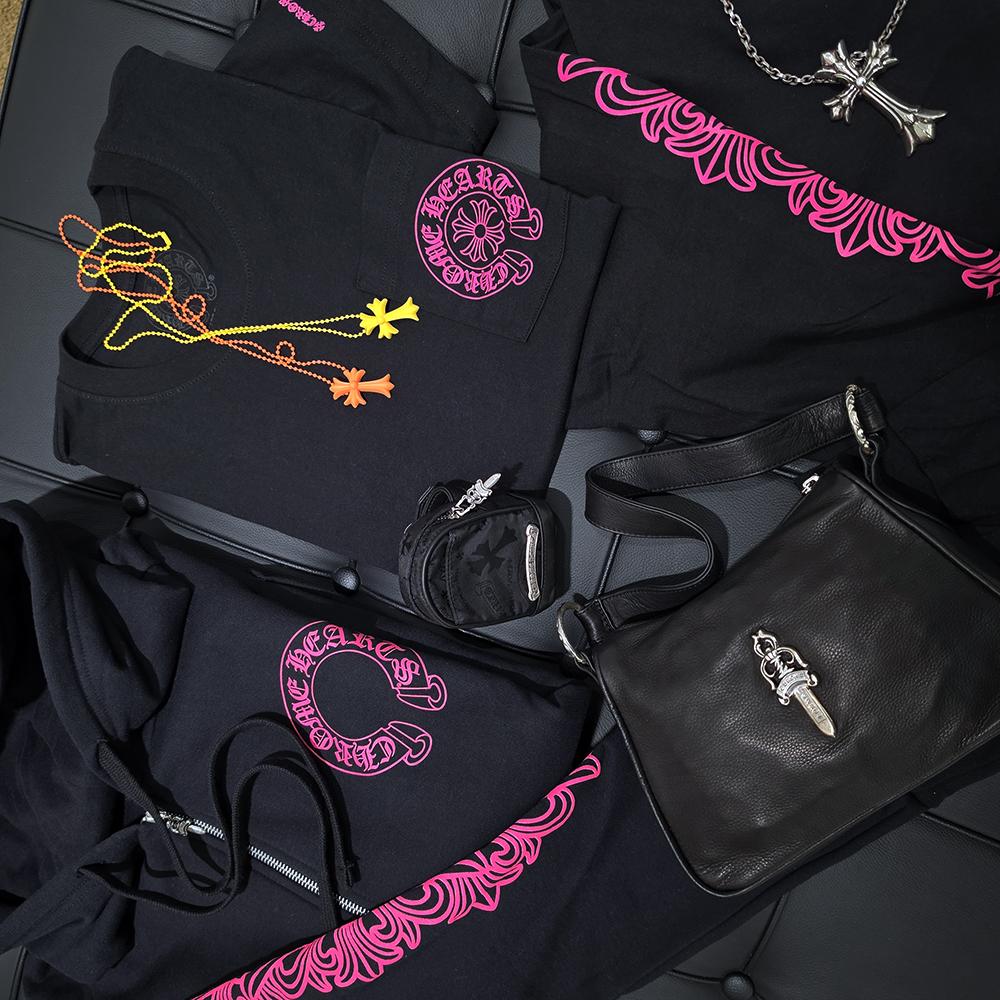Chrome Hearts Pink Horseshoe Fleece Zip Hoodie Black Unisex