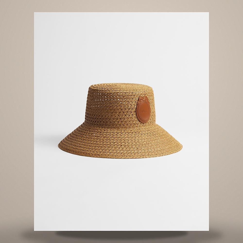 DIOR Natural Straw Wide Brim Cap with Lambskin Medallion CPB09243ESTR C100