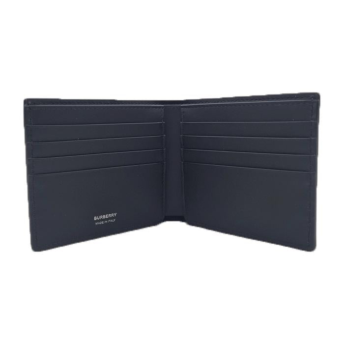 BURBERRY Men’s Grain Leather Bifold Wallet Black Silver Logo Check Lining