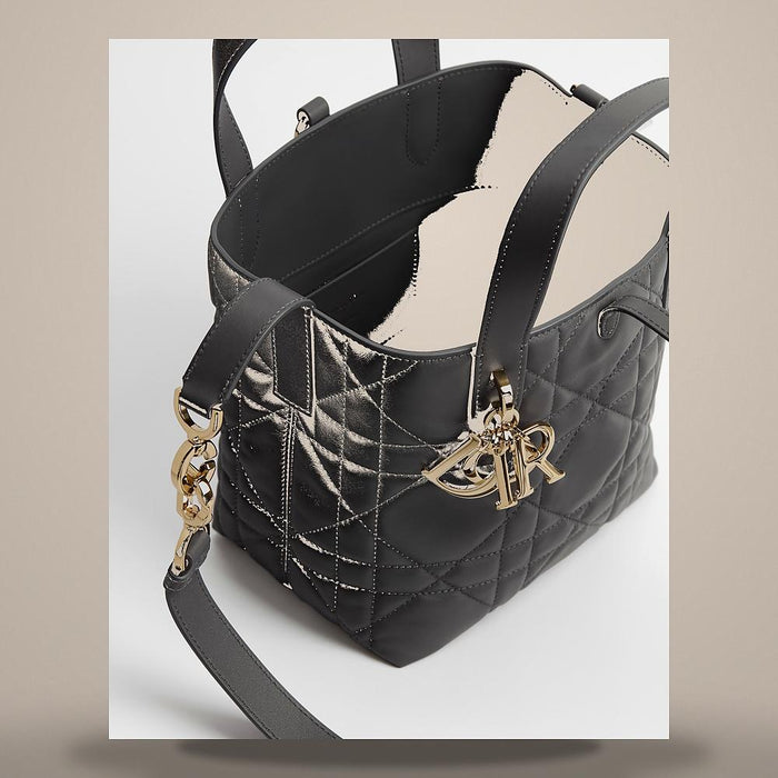 DIOR Gray Flannel Macro Cannage Calfskin Vertical Tote Bag Small