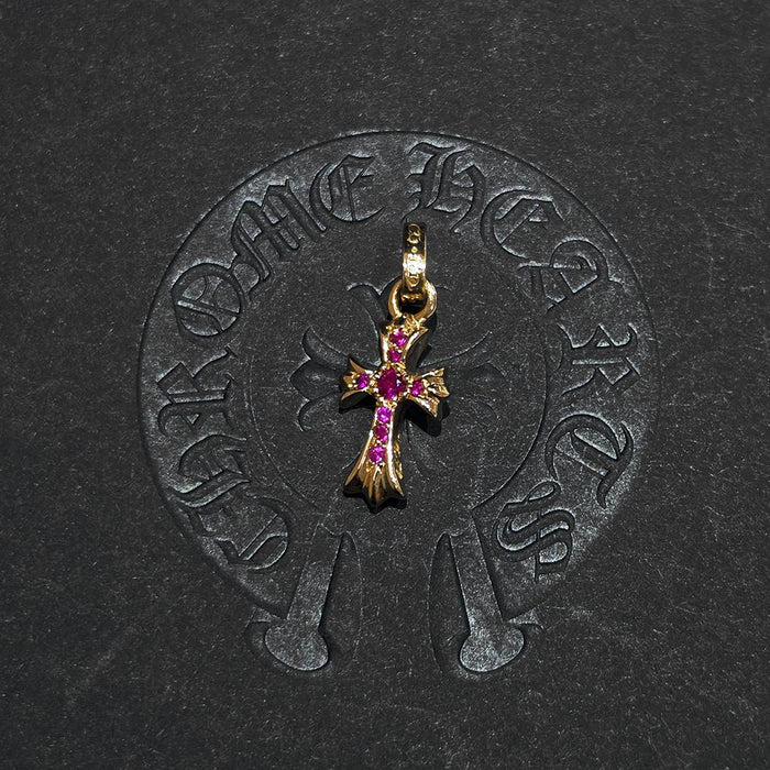 Chrome Hearts 22K Gold Baby Fat Pink Ruby Pendant Charm Necklace
