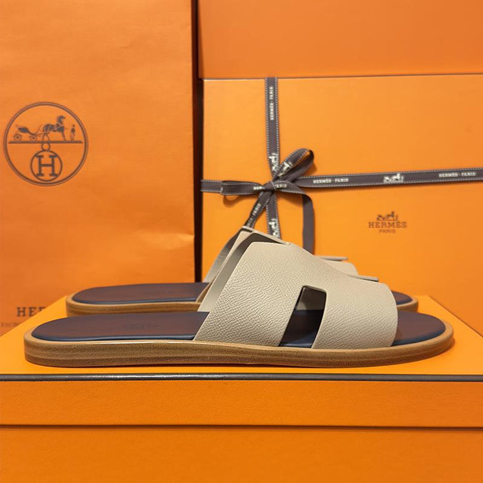 HERMES Izmir Slippers Epsom White Blue Celeste Men