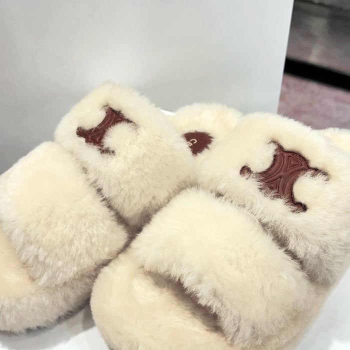 CELINE Triomphe Shearling Fur Slide Slippers Ivory Women’s