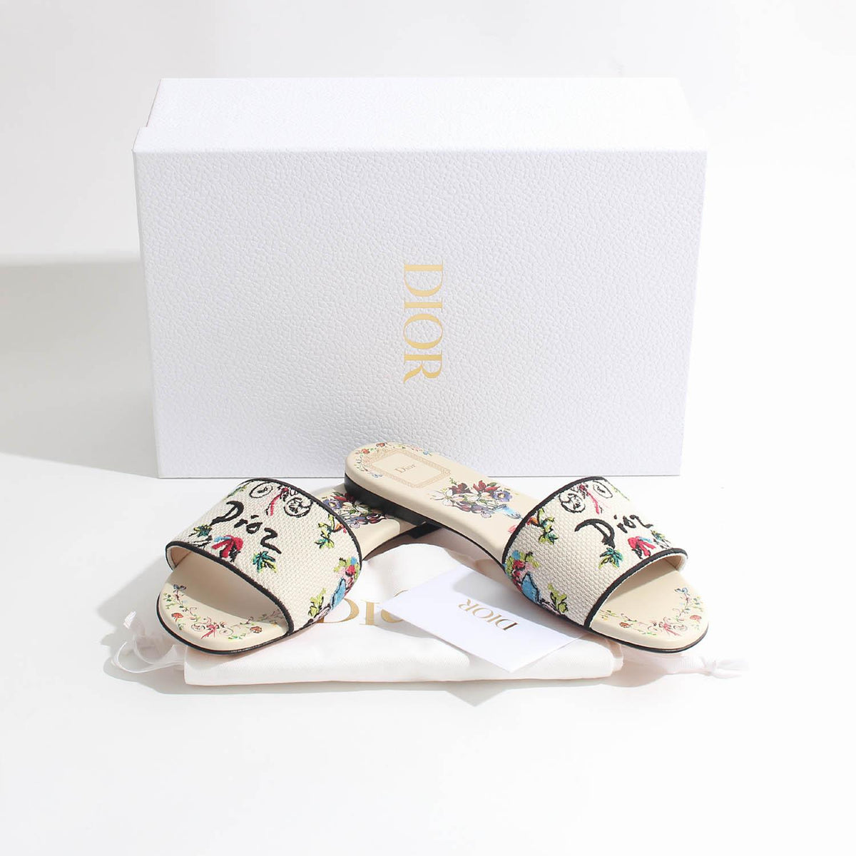 DIOR Embroidered Arabesque Motif Dway Slide Sandals White Multicolor