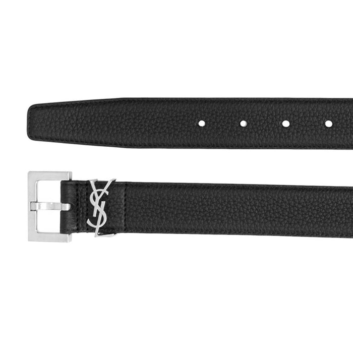 Saint Laurent Silver-Tone Logo Grain Leather Belt Black
