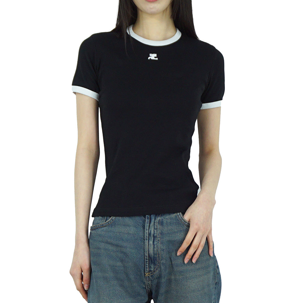 courreges Reedition Black Contrast Short Sleeve Women's T-S VESJTS017JS0070 9901