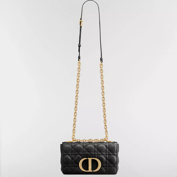 DIOR Black Cannage Leather Small Caro Shoulder Bag Gold/Silver Hardware