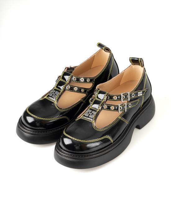 GANNI Black Leather Loafers S2928 864 BLACK YELLOW DOM