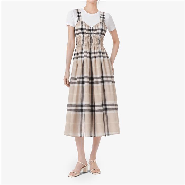 BURBERRY Delilah Check Ruched Sleeveless Long Dress Stone