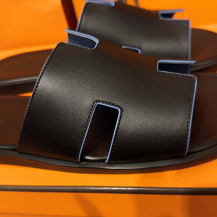 HERMES Black Blue Calfskin Izmir Sandals for Men