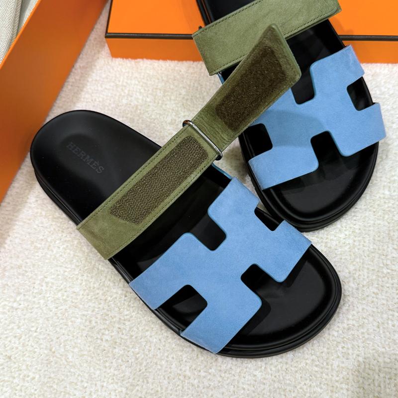 HERMES Women’s Suede Goatskin Chypre Sandals Blue Khaki