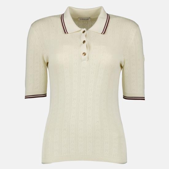 Moncler Rhombus Logo Pattern Cotton Polo Shirt White Ivory