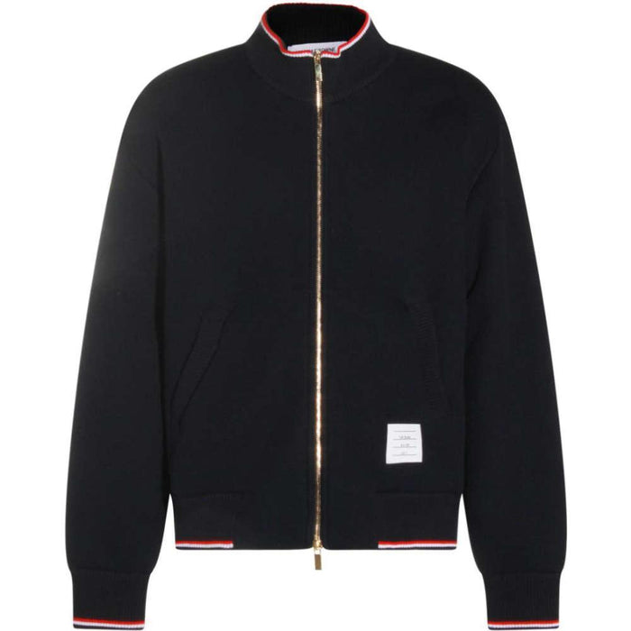 THOM BROWNE Loopback Navy Zip-Up Cardigan Unisex Knit