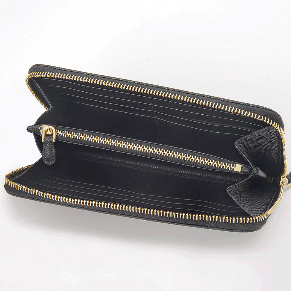 PRADA Black Saffiano Leather Long Wallet Gold Triangle Logo Women