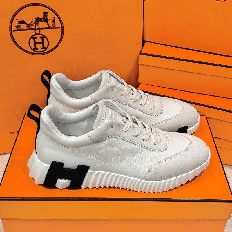 HERMES White Leather Bouncing Low-Top Sneakers with Black H Logo