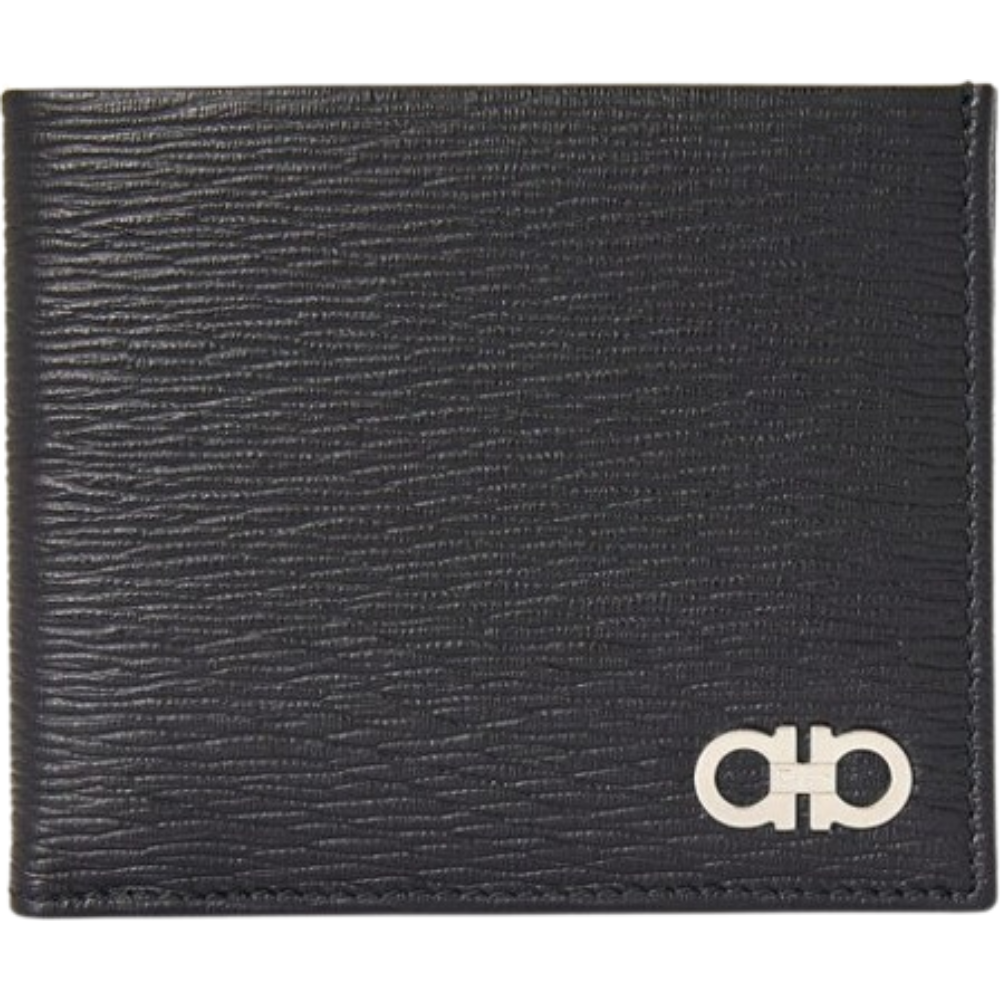 Ferragamo Double Gancini Bifold Wallet Black Silver-Tone Hardware 0685956