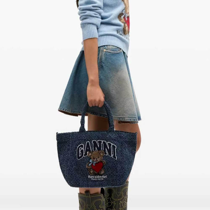 GANNI Tweed Denim Small Bear Tote Bag B2110036 077