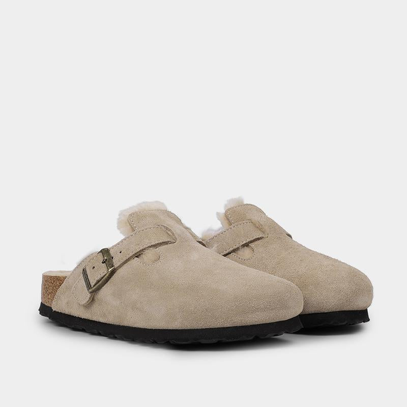 Birkenstock Boston Shearling Suede Mule Sandals Taupe 1028299