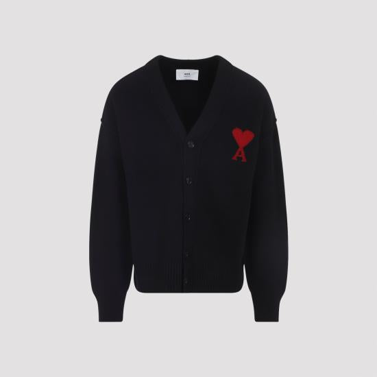 AMI Heart Logo Intarsia V-Neck Cardigan