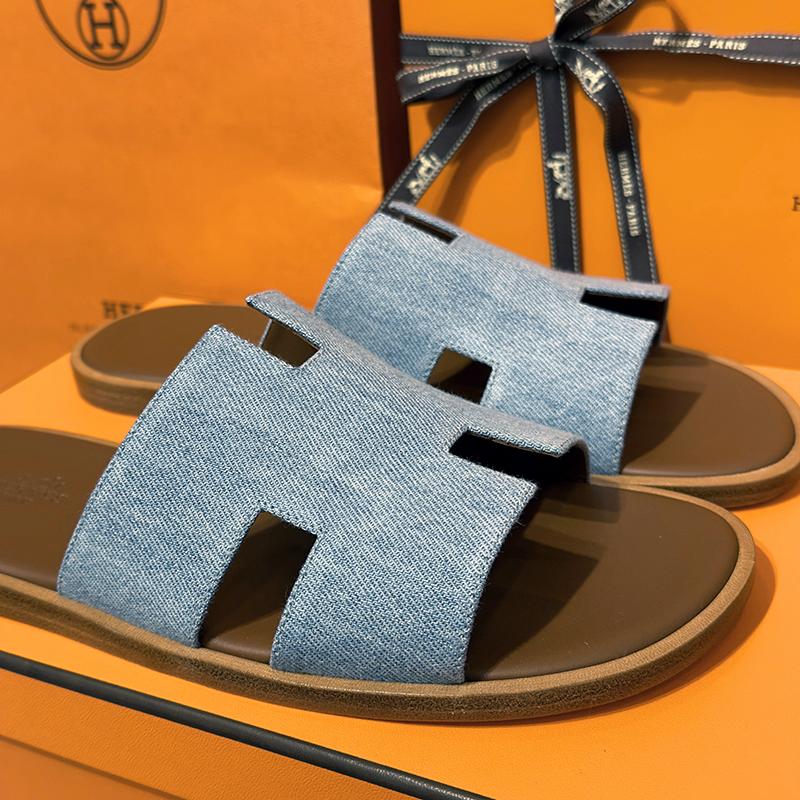 HERMES Izmir Two-Tone Calfskin Denim Brown Men’s Sandals
