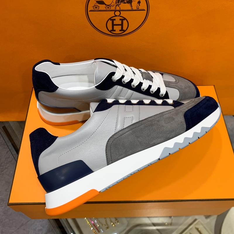 HERMES Navy Gray Calfskin Trail Low-Top Sneakers for Men