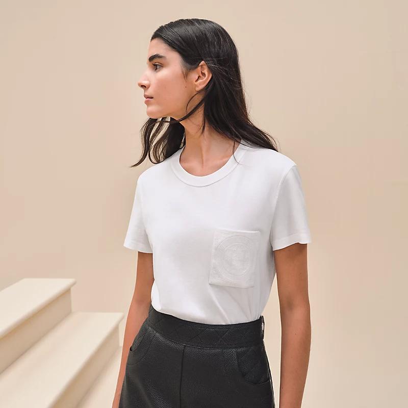 HERMES Cotton Jersey Pocket Mosaic Embroidered T-Shirt White