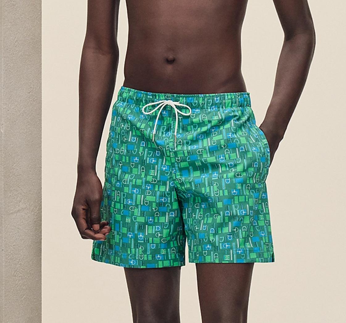 HERMES Metal au Carre Swim Trunks Green Blue