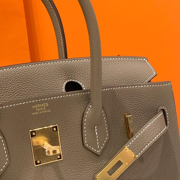 HERMES Etoupe Leather Birkin 30 Tote Bag with Gold Hardware