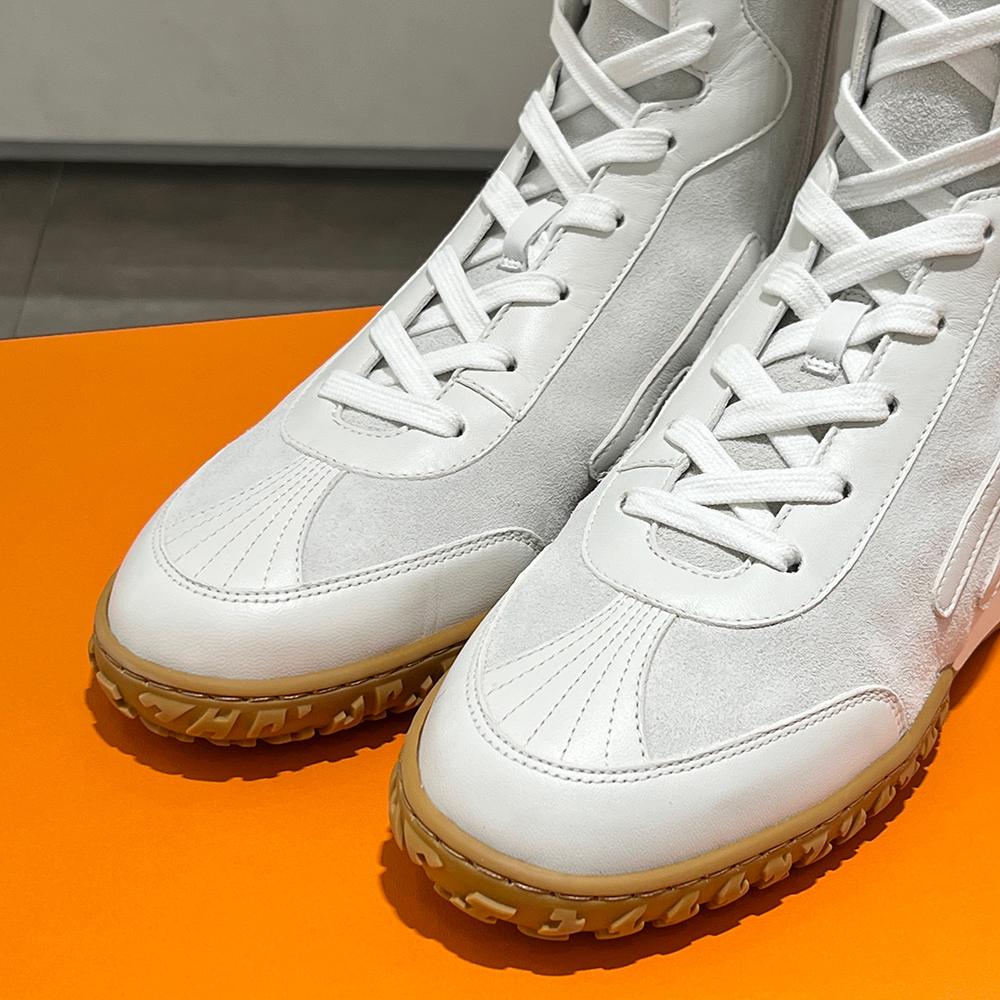 HERMES Suede Calfskin Lace-Up High-Top Sneakers White