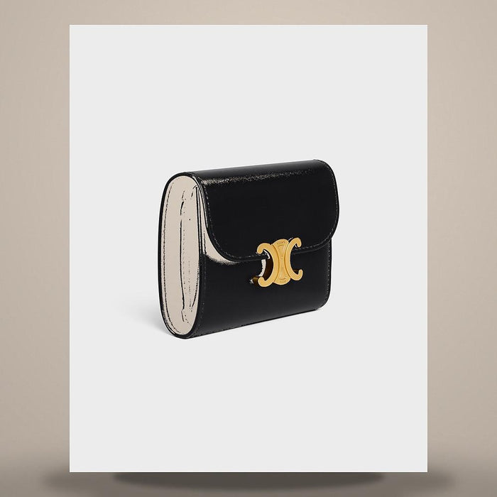 CELINE Small Triomphe Flap Wallet Shiny Calfskin Black Card Holder