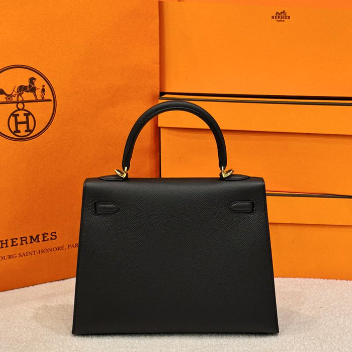 HERMES Kelly Bag Epsom Leather Black 25 Gold Hardware Tote