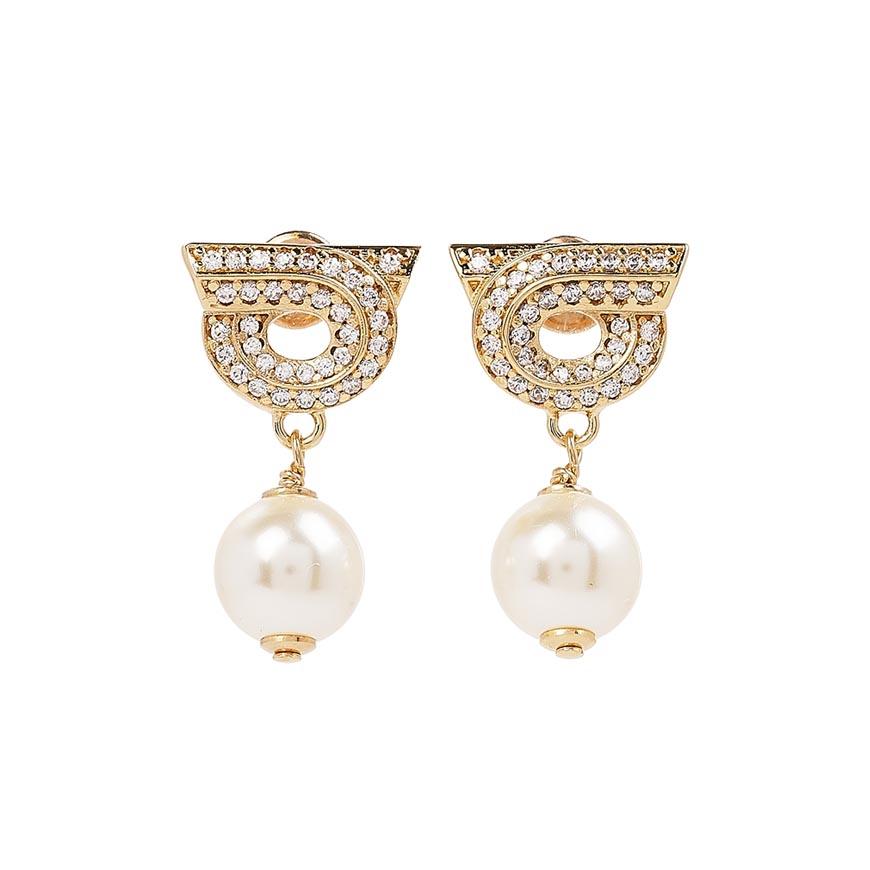 Ferragamo Crystal Gancini Pearl Drop Earrings Gold Tone Women