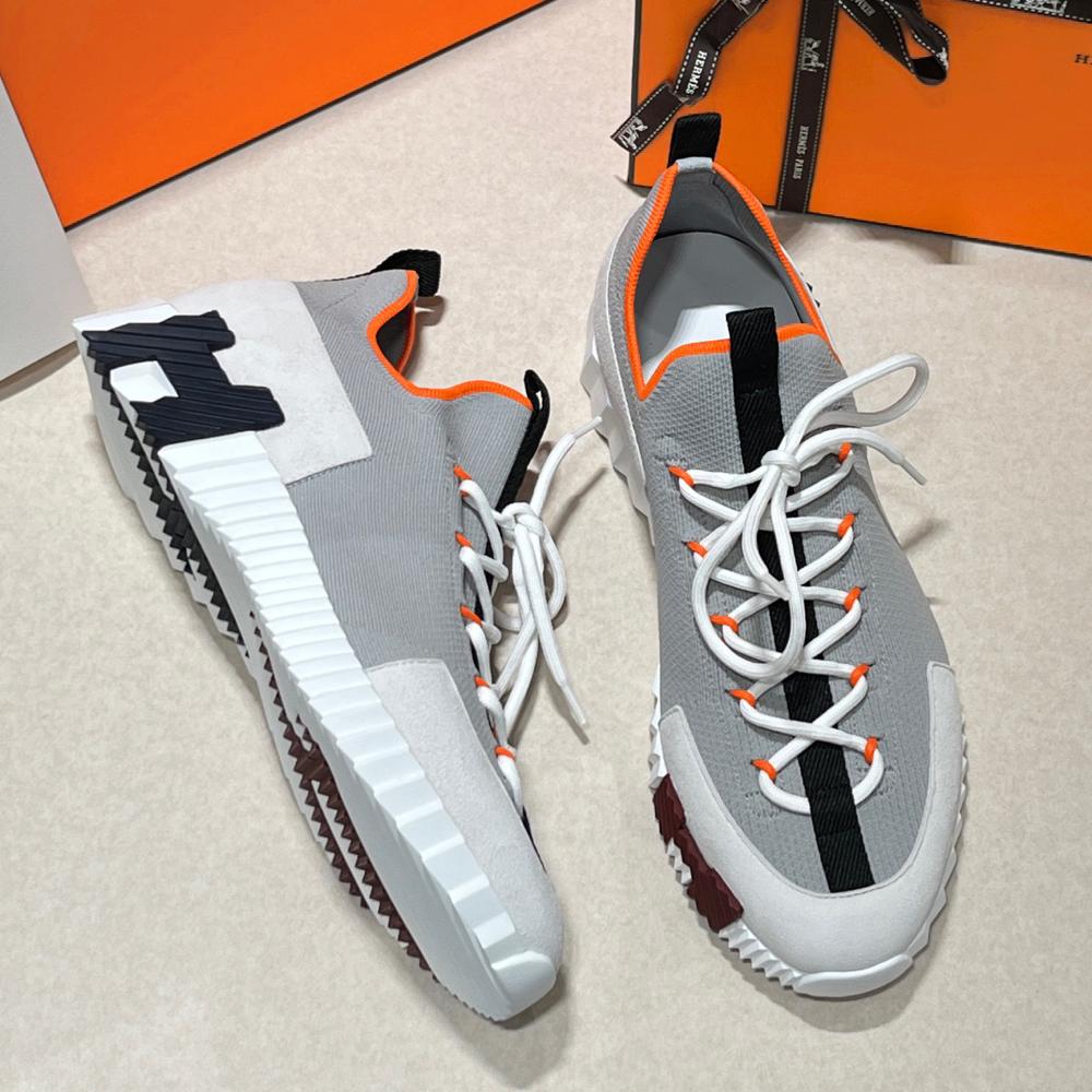 HERMES Men’s Lift Slip-On Sneakers Knit Calfskin Gray H Two-Tone Logo
