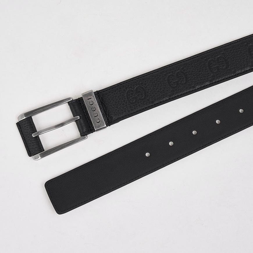 GUCCI Men’s Embossed GG Buckle Leather Belt Black