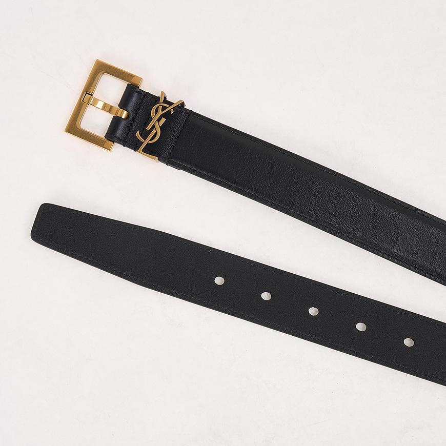 Saint Laurent Women’s Monogram Buckle Leather Belt Black