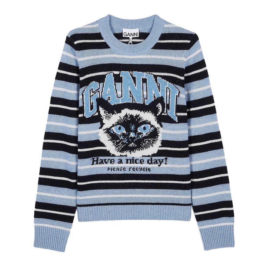 GANNI Women’s Cat Graphic Crewneck Knit Sweater Green